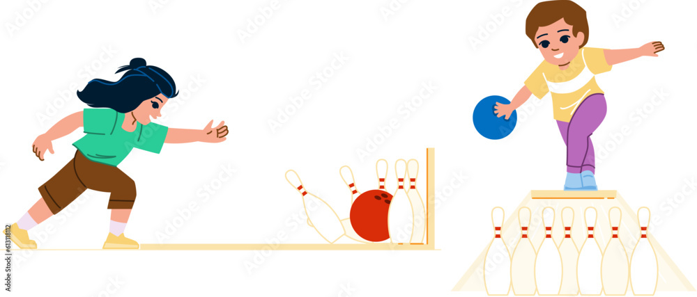 bowling kid play vector. children game, ball family, child montessori, home school, outdoor friends bowling kid play character. people flat cartoon illustration