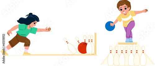 bowling kid play vector. children game, ball family, child montessori, home school, outdoor friends bowling kid play character. people flat cartoon illustration