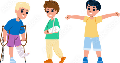 broken bone kid boy vector. child fracture, leg injured, arm accident, foot hospital, injury xray broken bone kid boy character. people flat cartoon illustration