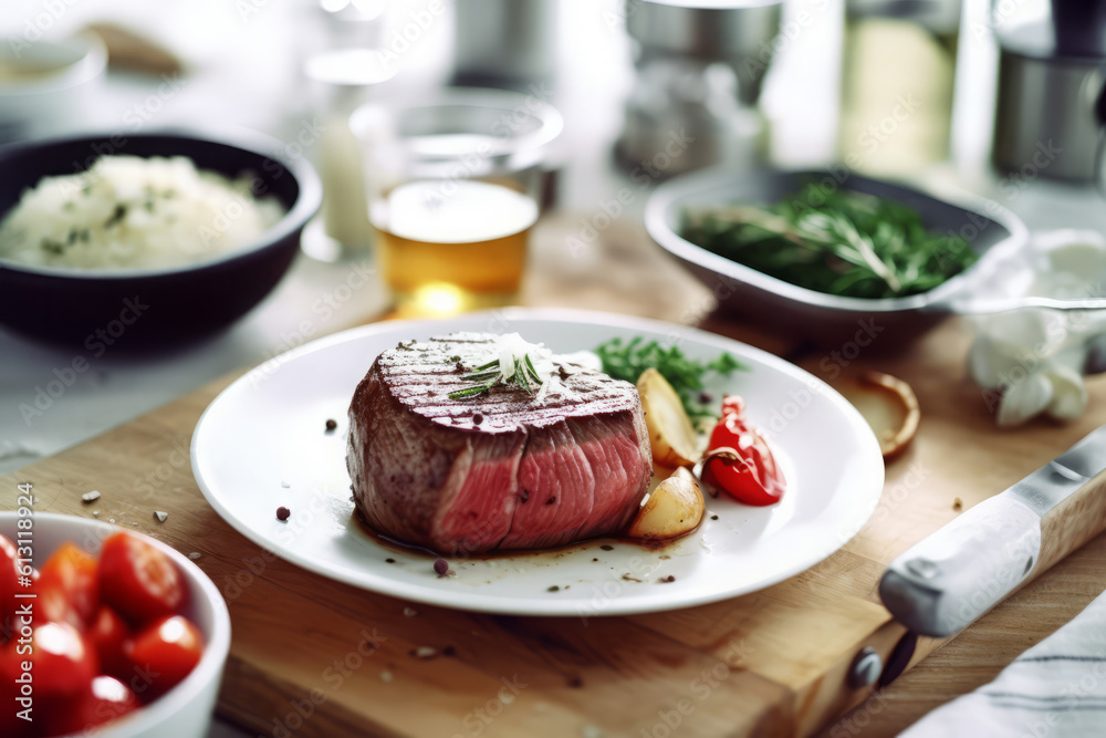 Close-up top view of ingredients Filet Mignon Steak on a table. AI Generated. Close-up top view of ingredients Filet Mignon Steak on a table. AI Generated.