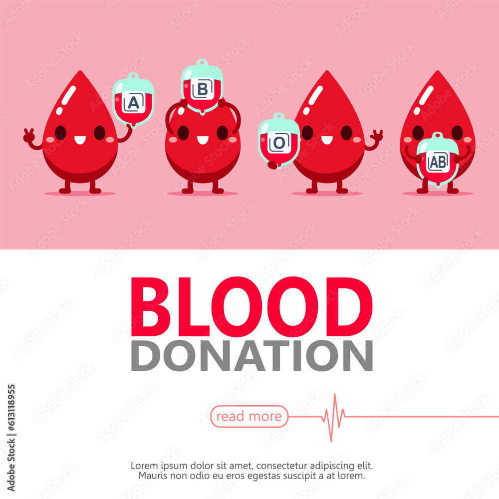 A, B, O, AB Droplet blood cartoon donate. Give Blood for poster, banner ...