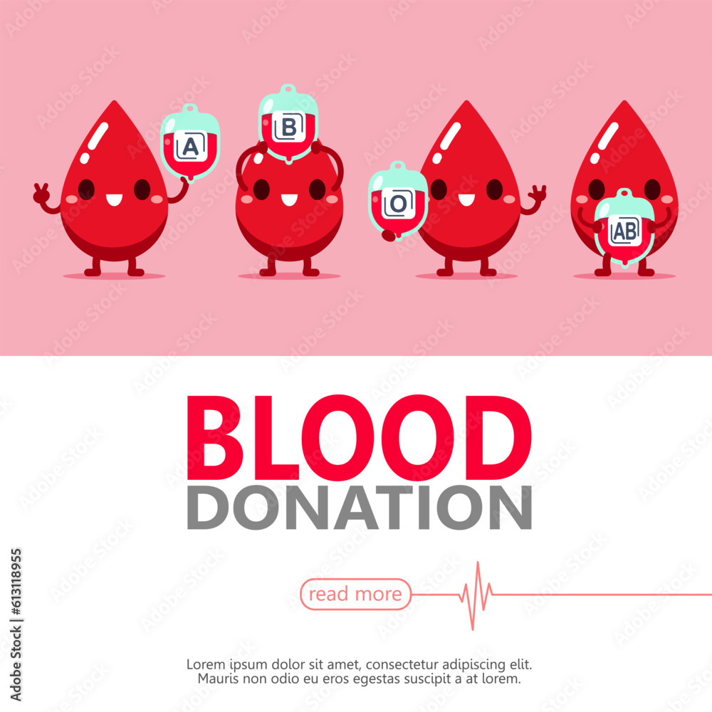 A, B, O, AB Droplet blood cartoon donate. Give Blood for poster, banner, and background. Vector illustration blood donation day concept. Flat Design. A, B, O, AB Droplet blood cartoon donate. Give Blood for poster, banner, and background. Vector illustration blood donation day concept. Flat Design.