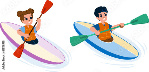 canoeing kid vector. kayak boat, river summer, family lake, camp fun, water children canoeing kid character. people flat cartoon illustration