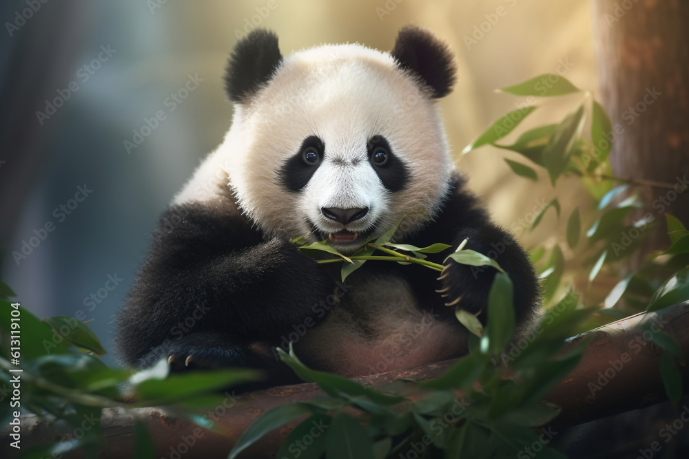 Fototapeta premium cute panda eating bamboo