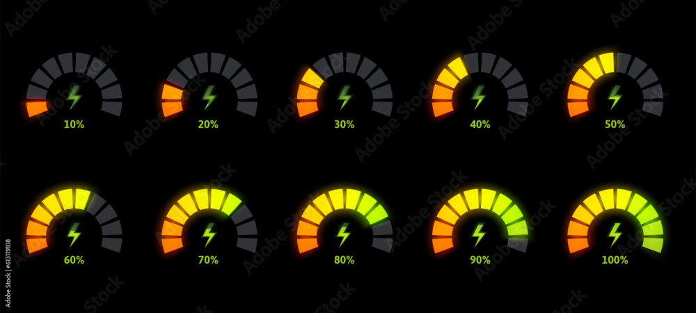 Power level indicator animation. Energy meter, battery gauge bar and animated charging progress with percentage vector template - obrazy, fototapety, plakaty 