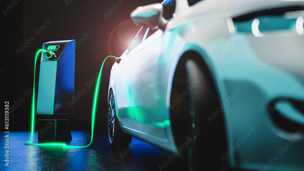 The electric car is charging, isolated on a black background - a futuristic image with light effects symbolizing the flow of electricity from the charger to the car's battery. 3d render
