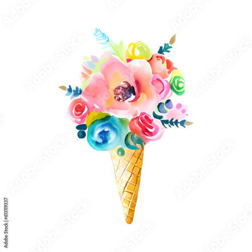 Watercolor bouquet of flowers in waffle cone. Hand painting ice cream with blue and pink roses. Fashion illustration. T-shirt design. Illustration for card.