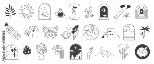 Bohemian line art. Boho aesthetic nature and artistic elements, linear minimalist abstract vector illustrations set