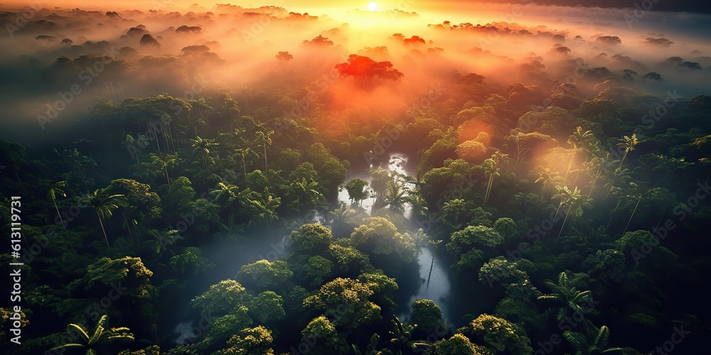 AI Generated. AI Generative. Beautiful green amazon forest landscape at sunset sunrise. Adventure explore air dron view vibe. Graphic Art AI Generated. AI Generative. Beautiful green amazon forest landscape at sunset sunrise. Adventure explore air dron view vibe. Graphic Art