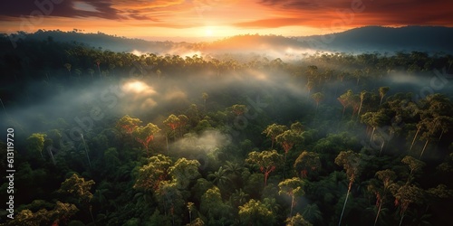 AI Generated. AI Generative. Beautiful green amazon forest landscape at sunset sunrise. Adventure explore air dron view vibe. Graphic Art © Graphic Warrior