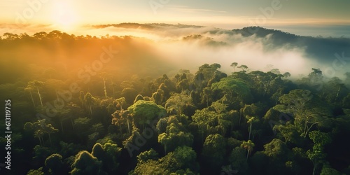 AI Generated. AI Generative. Beautiful green amazon forest landscape at sunset sunrise. Adventure explore air dron view vibe. Graphic Art photo