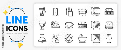 Aroma candle, Package size and Tea mug line icons set for app include Paper wallpaper, Mattress, Flexible mattress outline thin icon. Espresso, Open door, Square area pictogram icon. Vector