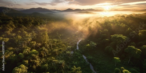 AI Generated. AI Generative. Beautiful green amazon forest landscape at sunset sunrise. Adventure explore air dron view vibe. Graphic Art © AkimD