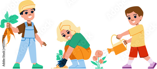 garden kids vector. kid happy, nature summer, family outside, fun plant, backyard spring garden kids character. people flat cartoon illustration