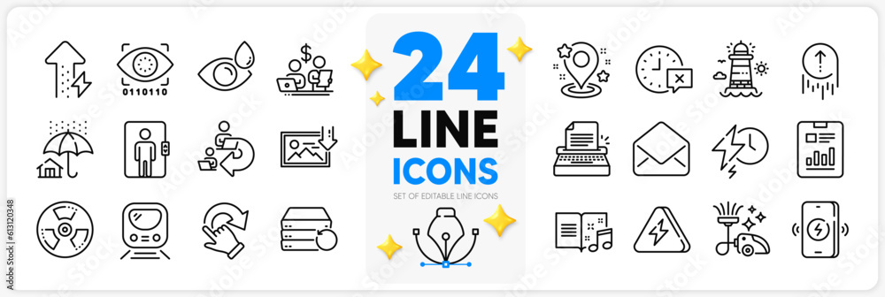 Icons set of Vacuum cleaner, Music book and Energy growing line icons pack for app with Download photo, Eye drops, Typewriter thin outline icon. Metro, Delegate work, Pin pictogram. Vector