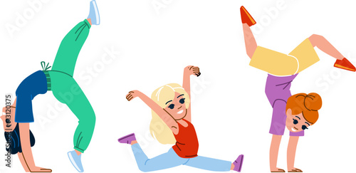 gymnastics kid vector. sport exercise, gym girl, active boy, training yoga, young healthy gymnastics kid character. people flat cartoon illustration