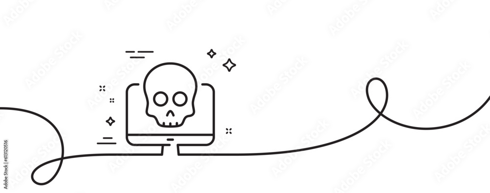 Cyber attack line icon. Continuous one line with curl. Ransomware threat sign. Computer phishing virus symbol. Cyber attack single outline ribbon. Loop curve pattern. Vector Cyber attack line icon. Continuous one line with curl. Ransomware threat sign. Computer phishing virus symbol. Cyber attack single outline ribbon. Loop curve pattern. Vector