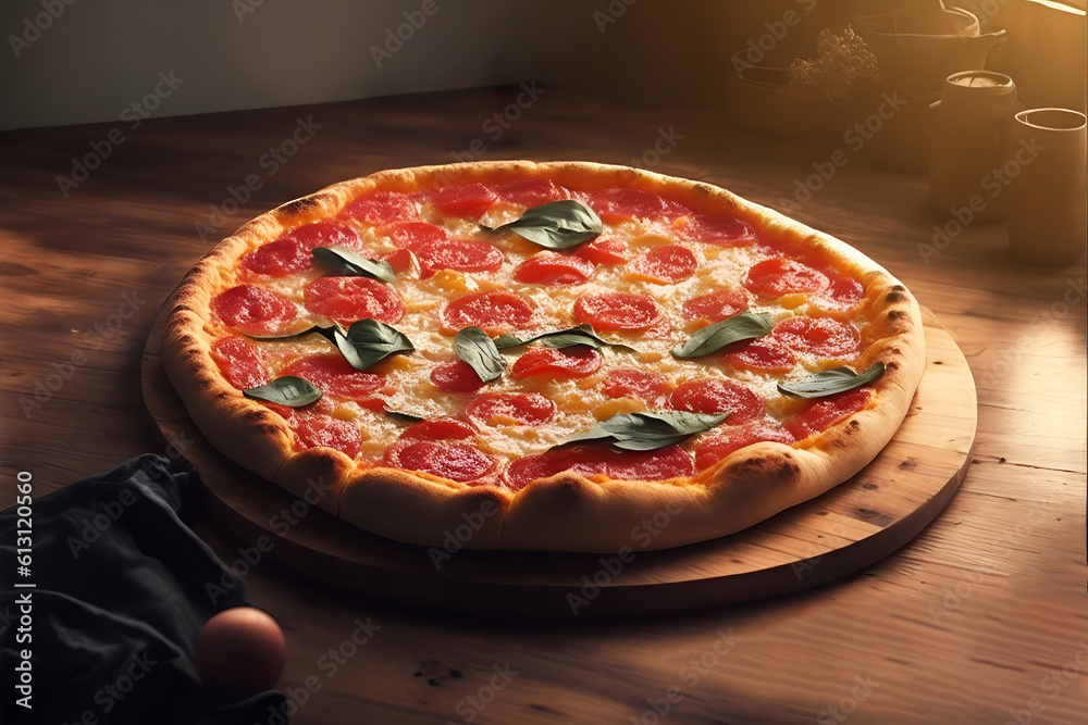Wood fired pizza served on wooden board and table. Pizza pulled out of the oven after roasting over a fire. Generative AI