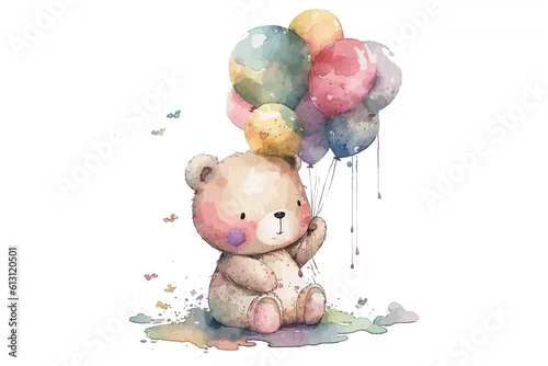 Naklejka na ścianę Cute teddy bear and pink balloons in watercolor style. Isolated. Generative AI