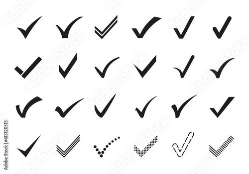 Check mark icons. Verification and approval marks, correct answer sign and tick checkmarks vector symbol set