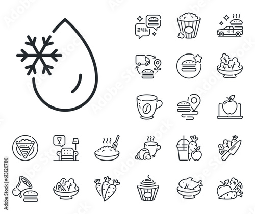 Freeze cold temperature sign. Crepe, sweet popcorn and salad outline icons. Freezing water line icon. Fridge function symbol. Freezing water line sign. Pasta spaghetti, fresh juice icon. Vector