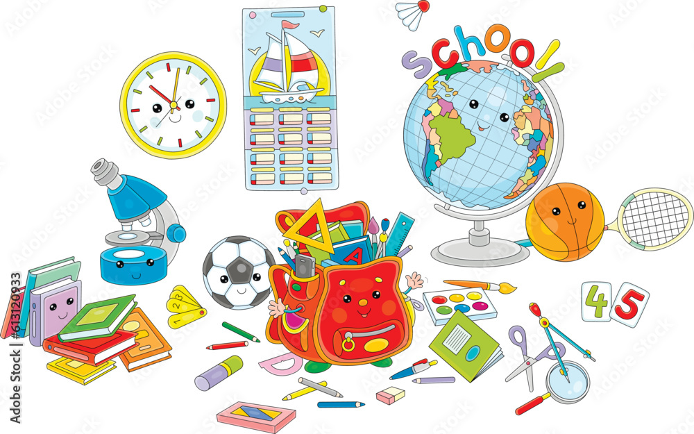 Set of funny Kawaii school objects with a schoolbag, globe, clock, balls, books and other classroom supplies, vector cartoon illustration on a white background