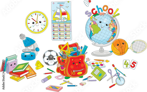 Fotografi Set of funny Kawaii school objects with a schoolbag, globe, clock, balls, books