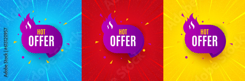 Hot offer banner. Sunburst offer banner, flyer or poster. Discount sticker shape. Coupon tag icon. Hot offer promo event banner. Starburst pop art coupon. Special deal. Vector