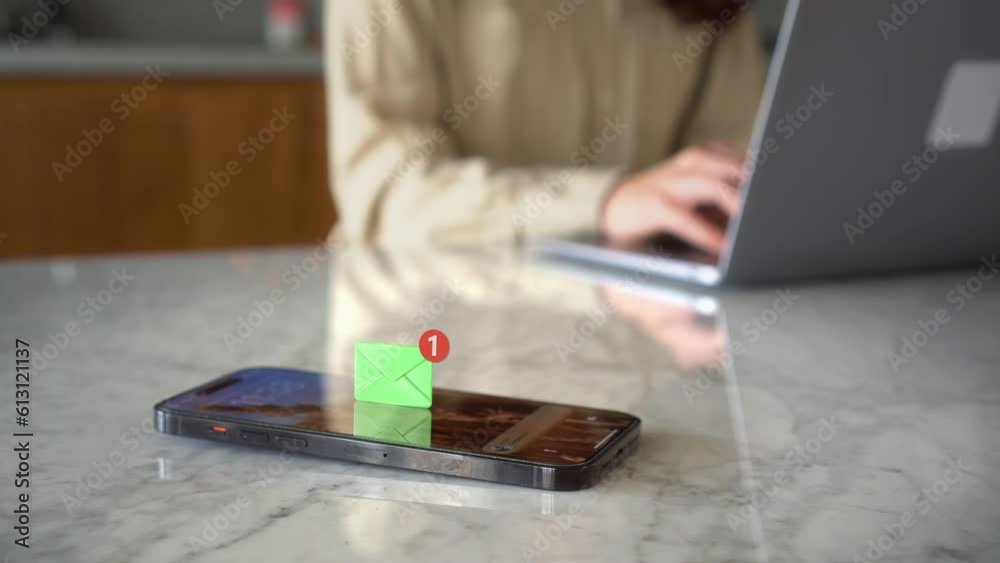Receiving text message on mobile smart phone, animated envelope icon with woman working on her laptop at background. Emergency phone notification
