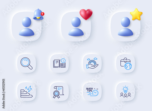 Business idea, Lgbt and Instruction info line icons. Placeholder with 3d bell, star, heart. Pack of Global business, Quick tips, Consumption growth icon. Search, Certificate pictogram. Vector