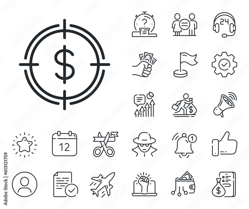 Fototapeta premium Aim symbol. Salaryman, gender equality and alert bell outline icons. Target with Dollar line icon. Cash or Money sign. Dollar Target line sign. Spy or profile placeholder icon. Vector