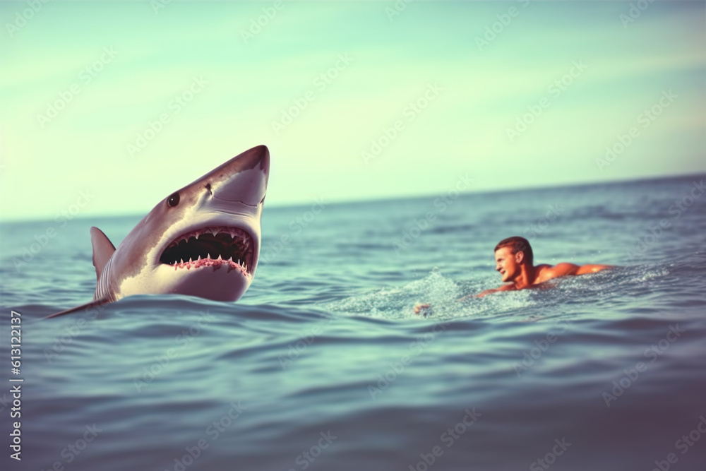 Fototapeta premium Illustration of man in sea during shark attack