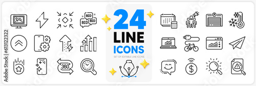 Icons set of Electric bike, Photo thumbnail and 360 degree line icons pack for app with Smile chat, Phone service, Freezing thin outline icon. Search document, Parking garage. Vector