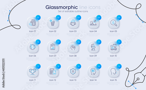 Set of Report, Energy and Music line icons for web app. Empower, Shields, Reject protection icons. Delivery, Calculator alarm, Ice maker signs. Cough, Grill, Deal. Bill accounting. Vector