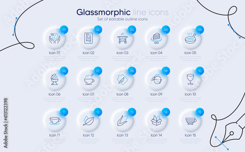 Set of Food donation, Gas grill and Corn line icons for web app. Grill, Coffee, Cake icons. Cappuccino, Cutting board, Espresso signs. Ice cream, Coffee vending, Mint leaves. Glass. Vector