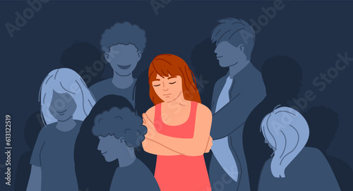 Depressive crowd. Social loneliness, sadness, and exhaustion. Depressed girl int crowd of indifferent people vector illustration