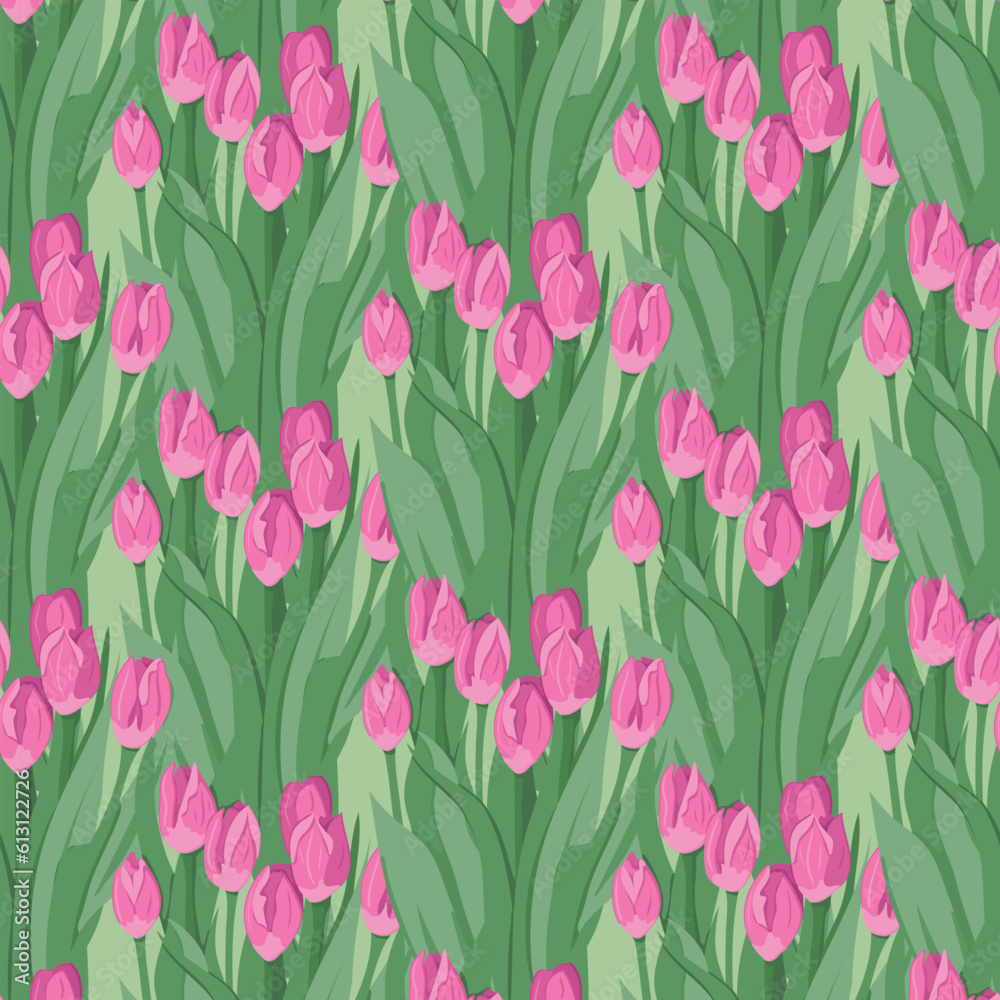 Vector seamless pattern with bunch of pink tulips. Flat flowers in bouquet repetition. Perfect for wrapping paper, background, wallpaper, textile, banner, scrapbooking, decoration