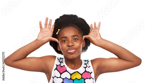 Black girl, child teaser and tongue out in portrait with funny face isolated on transparent png background. Young female person mock with silly expression, hand gesture and joke, comic and playful