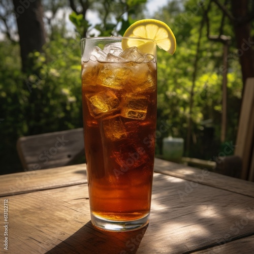 Tall glass of iced tea and lemonade mix with condensation on the outside