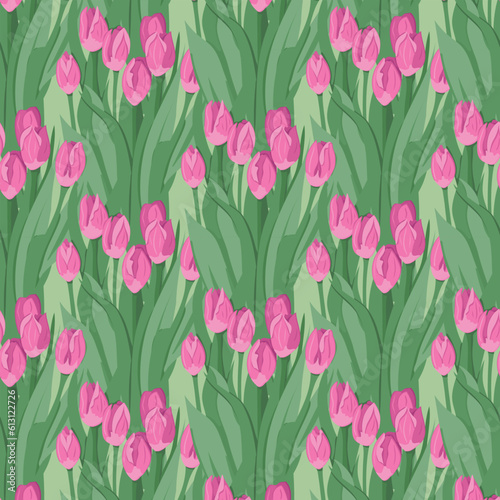 Vector seamless pattern with bunch of pink tulips. Flat flowers in bouquet repetition. Perfect for wrapping paper, background, wallpaper, textile, banner, scrapbooking, decoration © Olena