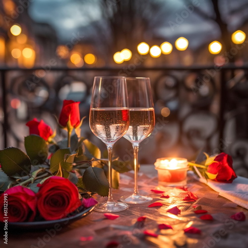 romantic evening glass of wine and roses  on table in cafe street on sunset ,Valentine day greetings party,generated ai © Aleksandr