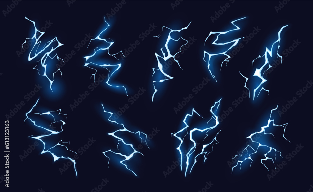 Cartoon lightning effect. Electricity discharge, bright thunderbolt hit and magic electric strike vector illustration set