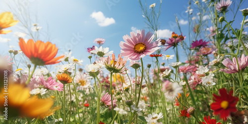 Prato di fiori colorati in estate, visto dal basso, fiori di campo, colori vibranti, creato con ai