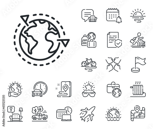 International outsourcing sign. Plane jet, travel map and baggage claim outline icons. Global business with flags line icon. Internet marketing symbol. Outsourcing line sign. Vector
