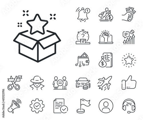 Bonus points. Salaryman, gender equality and alert bell outline icons. Loyalty program line icon. Discount box symbol. Loyalty program line sign. Spy or profile placeholder icon. Vector