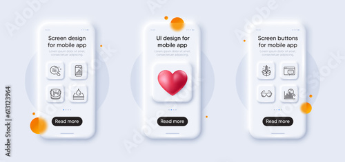 Seo message, Paint and Eyeglasses line icons pack. 3d phone mockups with heart. Glass smartphone screen. Search, Skin condition, Waterproof web icon. Startup, Graph phone pictogram. Vector