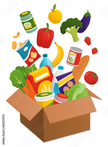 Fresh groceries falling in a delivery box