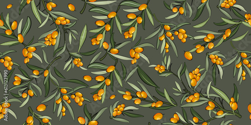 Seamless pattern of berries and branches of sea buckthorn