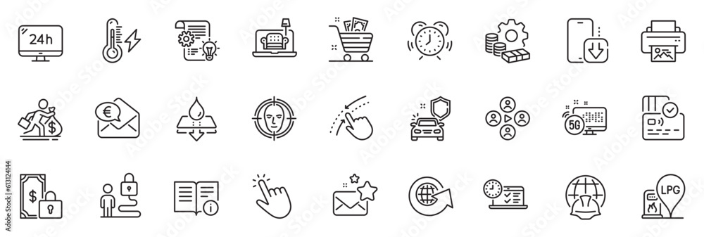 Icons pack as Electricity power, Card and Global engineering line icons for app include Furniture, Cursor, Car secure outline thin icon web set. 5g internet, Grocery basket, Lock pictogram. Vector Icons pack as Electricity power, Card and Global engineering line icons for app include Furniture, Cursor, Car secure outline thin icon web set. 5g internet, Grocery basket, Lock pictogram. Vector