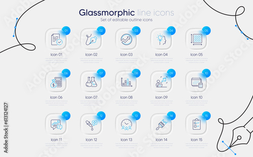 Set of Chemistry lab, Square area and Account line icons for web app. Compliance, Music, Brush icons. Chemistry pipette, Finance calculator, Accounting signs. Checklist, Idea, Meeting time. Vector